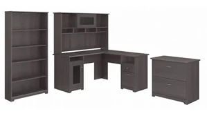 Office Suites Bush Furniture 60in W L-Shaped Desk with Hutch, Lateral File Cabinet and 5 Shelf Bookcase