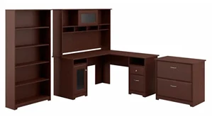 L Shaped Desks Bush Furnishings 60in W L-Shaped Desk with Hutch, Lateral File Cabinet and 5 Shelf Bookcase