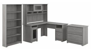 Office Suites Bush Furnishings 60in W L-Shaped Desk with Hutch, Lateral File Cabinet and 5 Shelf Bookcase