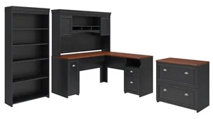 Office Suites Bush Furniture 60in W L-Shaped Desk with Hutch, Lateral File Cabinet and 5 Shelf Bookcase