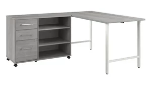 L Shaped Single Pedestal Desks Bush Furnishings 60in W x 30in D Computer Desk and Storage Cabinet with Drawers and Shelves