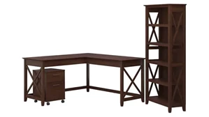 L Shaped Single Pedestal Desks Bush Furnishings 60in W L-Shaped Desk with Mobile File Cabinet and 5 Shelf Bookcase