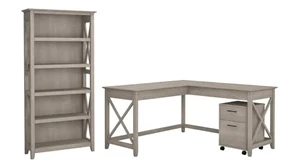 L Shaped Single Pedestal Desks Bush Furnishings 60in W L-Shaped Desk with Mobile File Cabinet and 5 Shelf Bookcase