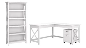 L Shaped Single Pedestal Desks Bush Furnishings 60in W L-Shaped Desk with Mobile File Cabinet and 5 Shelf Bookcase