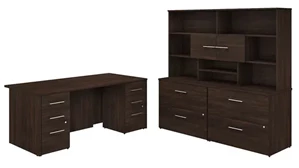 Office Suites Bush 72in W x 36in D Executive Desk with 2 -3 Drawer Vertical File Cabinets -Assembled, 2 - 2 Drawer Lateral File Cabinets -Assembled, and Hutch