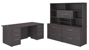 Office Suites Bush Furniture 72in W x 36in D Executive Desk with 2 -3 Drawer Vertical File Cabinets - Assembled, 2 - 2 Drawer Lateral File Cabinets - Assembled, and Hutch