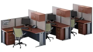 Cubicles Bush Furnishings 3 Person L-Shaped Cubicle Desks with Storage, Drawers, and Organizers