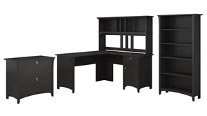 Office Suites Bush Furnishings 60in W L-Shaped Desk with Hutch, Lateral File Cabinet and 5 Shelf Bookcase