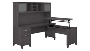 Standing Desks - Manually Adjustable Bush Furnishings 6ft W 3 Position Sit to Stand L-Shaped Desk with Hutch