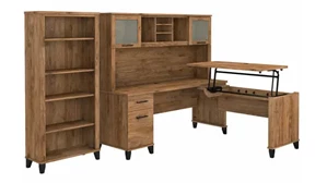 Standing Desks - Manually Adjustable Bush Furnishings 6ft W 3 Position Sit to Stand L-Shaped Desk with Hutch and Bookcase