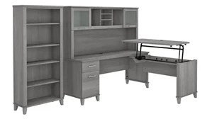 Standing Desks - Manually Adjustable Bush Furnishings 6ft W 3 Position Sit to Stand L-Shaped Desk with Hutch and Bookcase