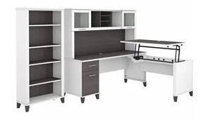 Standing Desks - Manually Adjustable Bush Furniture 6ft W 3 Position Sit to Stand L-Shaped Desk with Hutch and Bookcase