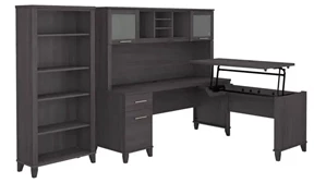 Standing Desks - Manually Adjustable Bush Furnishings 6ft W 3 Position Sit to Stand L-Shaped Desk with Hutch and Bookcase