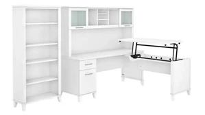 Standing Desks - Manually Adjustable Bush Furnishings 6ft W 3 Position Sit to Stand L-Shaped Desk with Hutch and Bookcase