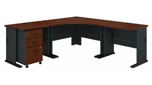 L Shaped Single Pedestal Desks Bush Furnishings 84in W x 84in D Corner Desk with Assembled 3 Drawer Mobile File Cabinet