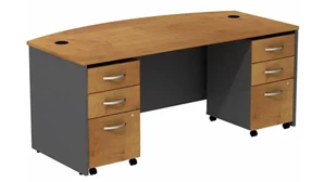 Stand-Alone Double Pedestal Desks Bush Furnishings 72in W Bow Front Desk with (2) Assembled 3 Drawer Mobile Pedestals