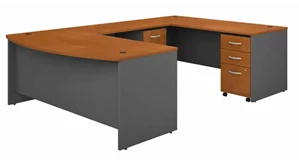 U Shaped Double Pedestal Desks Bush Furniture 72in W x 36in D Bow Front U-Shaped Desk with (2) Assembled Mobile File Cabinets