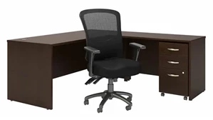L Shaped Single Pedestal Desks Bush 72in W L-Shaped Desk with High Back Multifunction Office Chair and Assembled Mobile File Cabinet