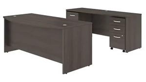 Office Suites Bush Furnishings 72in W x 36in D Bow Front Desk and Credenza with 2 Assembled Mobile File Cabinets