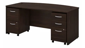 Stand-Alone Double Pedestal Desks Bush Furnishings 72in W x 36in D Bow Front Desk with 2 Assembled Mobile File Cabinets