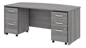Stand-Alone Double Pedestal Desks Bush Furnishings 72in W x 36in D Bow Front Desk with 2 Assembled Mobile File Cabinets