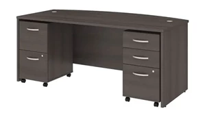 Stand-Alone Double Pedestal Desks Bush Furniture 72in W x 36in D Bow Front Desk with 2 Assembled Mobile File Cabinets