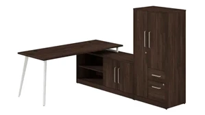 L Shaped Single Pedestal Desks Bush Furnishings 72in W L-Shaped Desk with Metal Legs, Low Storage Cabinet, and Wardrobe