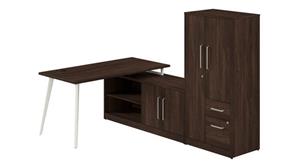 L Shaped Single Pedestal Desks Bush Furniture 60in W L-Shaped Desk with Metal Legs, Low Storage Cabinet, and Wardrobe