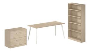 Office Suites Bush 72in W Desk with Splayed Metal Legs, Lateral File Cabinet (Assembled), and Bookcase