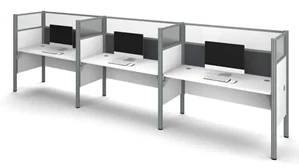 Cubicles Bestar Triple Side-by-Side Workstation - White with Tack Boards and Acrylic Glass Privacy Panels