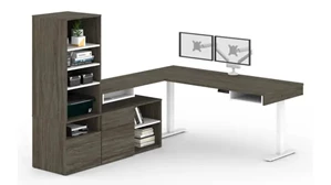 Standing Desks - Electronically Adjustable Bestar 72in W L-Shaped Standing Desk with Credenza, Storage Unit and Dual Monitor Arm