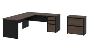 L Shaped Single Pedestal Desks Bestar 72in W L-Shaped Desk with Lateral File Cabinet