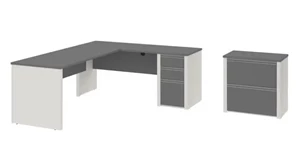 L Shaped Single Pedestal Desks Bestar 72in W L-Shaped Desk with Lateral File Cabinet