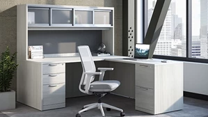 L Shaped Desks with Hutch Office Source 71in x 77in L-Shaped Double Pedestal Desk with Sliding Glass Door Hutch