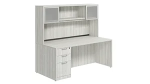 Stand-Alone Desks with Hutch PBD Furniture Single Pedestal Desk 66in x 30in Laminate with 2 Door Glass Hutch
