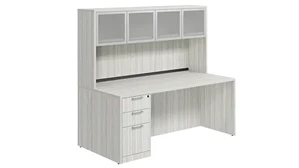 Stand-Alone Desks with Hutch PBD Furniture Single Pedestal Desk 66in x 24in Laminate with 4 Door Glass Hutch