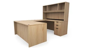 U Shaped Desks with Hutch PBD Furniture 66in x 89in Double Pedestal U-Desk with Open Hutch