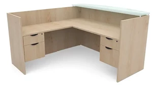 Reception Desks - L Shaped PBD Furniture 72in x 72in L-Shaped Reception Desk Double Hanging Pedestal with Glass Transaction Counter