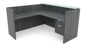 Reception Desks - L Shaped PBD Furniture 72in x 72in L-Shaped Reception Desk Single Hanging Pedestal with Glass Transaction Counter