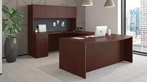 U Shaped Desks with Hutch PBD Furniture Double Pedestal Bow Front U-Desk with 4 Wood Door Hutch