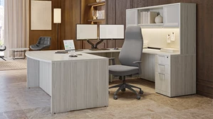 U Shaped Desks with Hutch PBD Furniture 72in x 112in Double Pedestal Bow Front U-Desk with 2 Door Glass Hutch