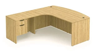 L Shaped Single Pedestal Desks PBD Furniture 71in x 90in Single Hanging Pedestal, Bow Front L-Desk with Corner Extension