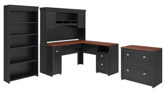 Office Suites Bush Furniture 60in W L-Shaped Desk with Hutch, Lateral File Cabinet and 5 Shelf Bookcase