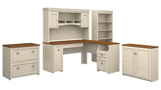 Office Suites Bush Furniture 60in W L-Shaped Desk with Hutch, Lateral File Cabinet, Bookcase and Storage Cabinet