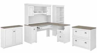 Office Suites Bush Furniture 60in W L-Shaped Desk with Hutch, Lateral File Cabinet, Bookcase and Storage Cabinet