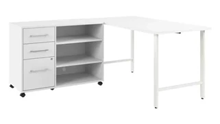 L Shaped Single Pedestal Desks Bush Furnishings 60in W x 30in D Computer Desk and Storage Cabinet with Drawers and Shelves