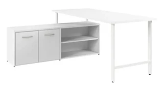 L Shaped Single Pedestal Desks Bush Furniture 72in W x 30in D Computer Desk and Low Storage Cabinet with Doors and Shelves