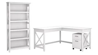 L Shaped Single Pedestal Desks Bush Furnishings 60in W L-Shaped Desk with Mobile File Cabinet and 5 Shelf Bookcase