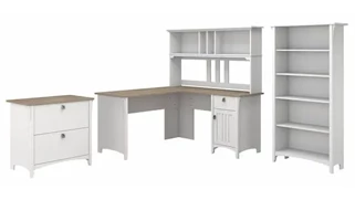 Office Suites Bush Furnishings 60in W L-Shaped Desk with Hutch, Lateral File Cabinet and 5 Shelf Bookcase
