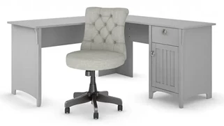 L Shaped Single Pedestal Desks Bush Furnishings 60in W L-Shaped Desk with Mid Back Tufted Office Chair